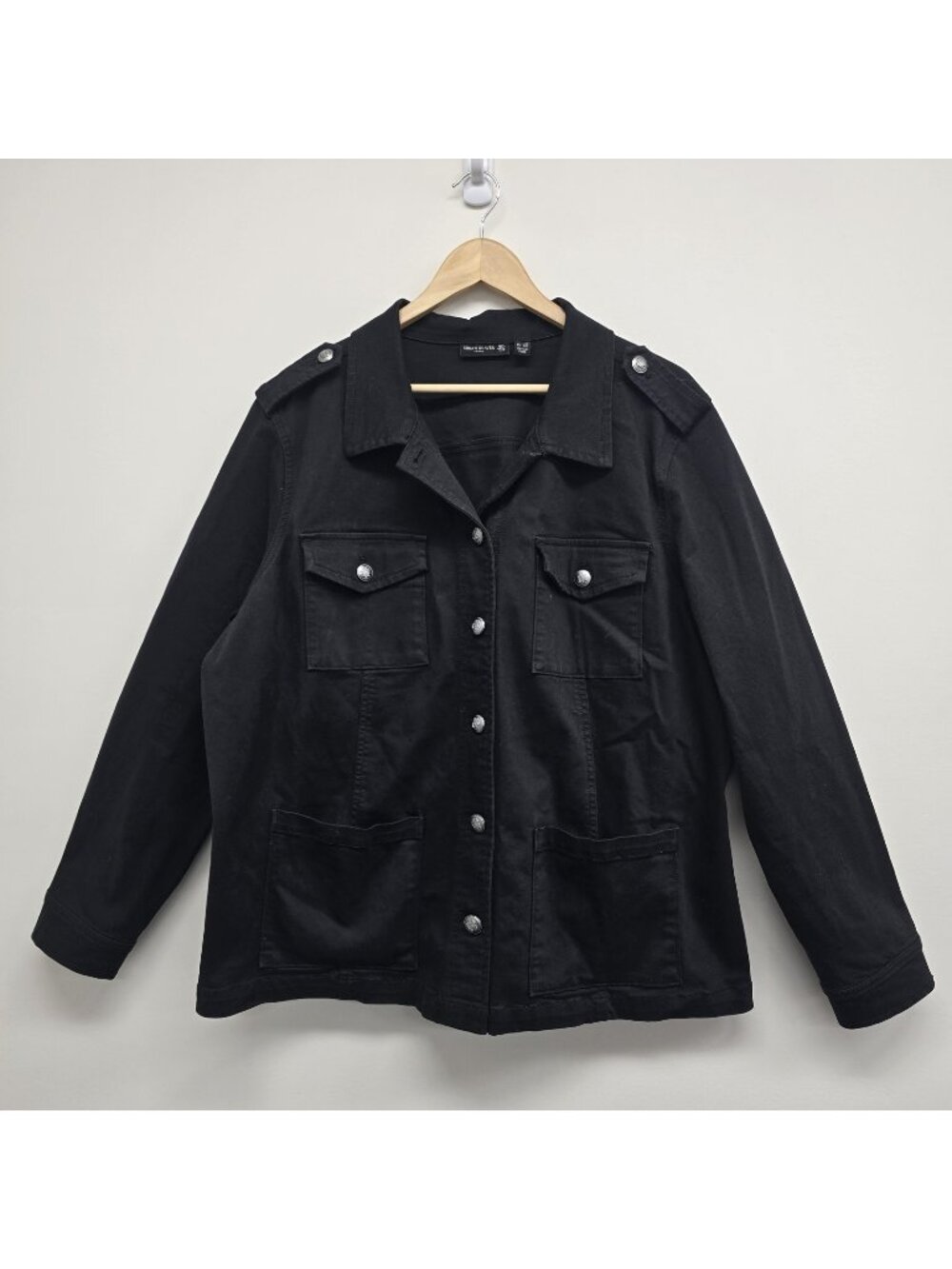 Susan Graver Jeans Crest Button Front Stretch Denim Jacket Sz 1X Military Black